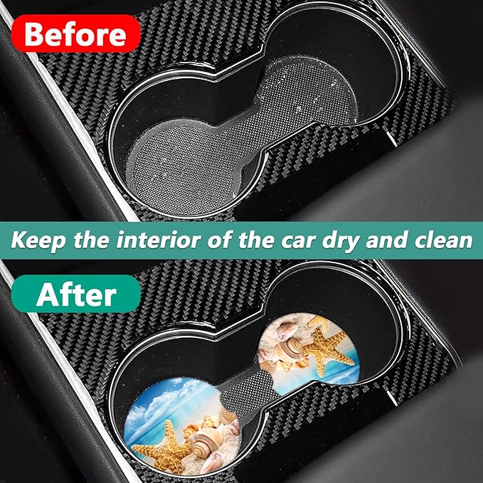 2 Pack Car Cup Holder Coasters - Sea Beach Shell Starfish Absorbent Ceramic Coaster, Car Coasters for Cup Holders, Car Interior Accessories for Women Men