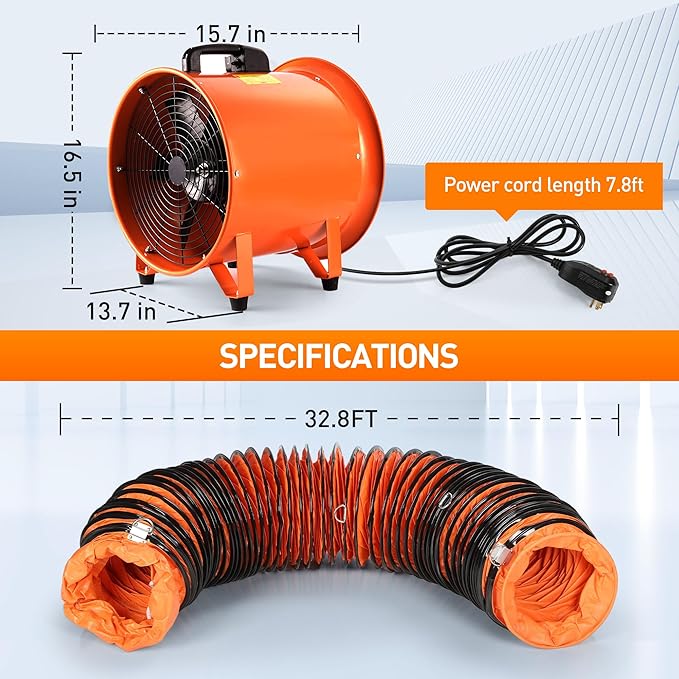Rengue 16 Inches Utility Blower Exhaust Fan with 32.8 FT Duct, 3300 r/min High Velocity Low Noise Extraction and Ventilation Fan with Duct Hose