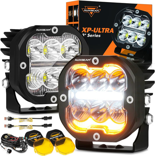 Auxbeam XP-Ultra Series 3 Inch LED Pod with DRL & Turn Signal 84W 9600LM Spot Flood Combo Ditch Lights Offroad Driving Amber Fog Light Bar with Black & Yellow Light Covers, Pair