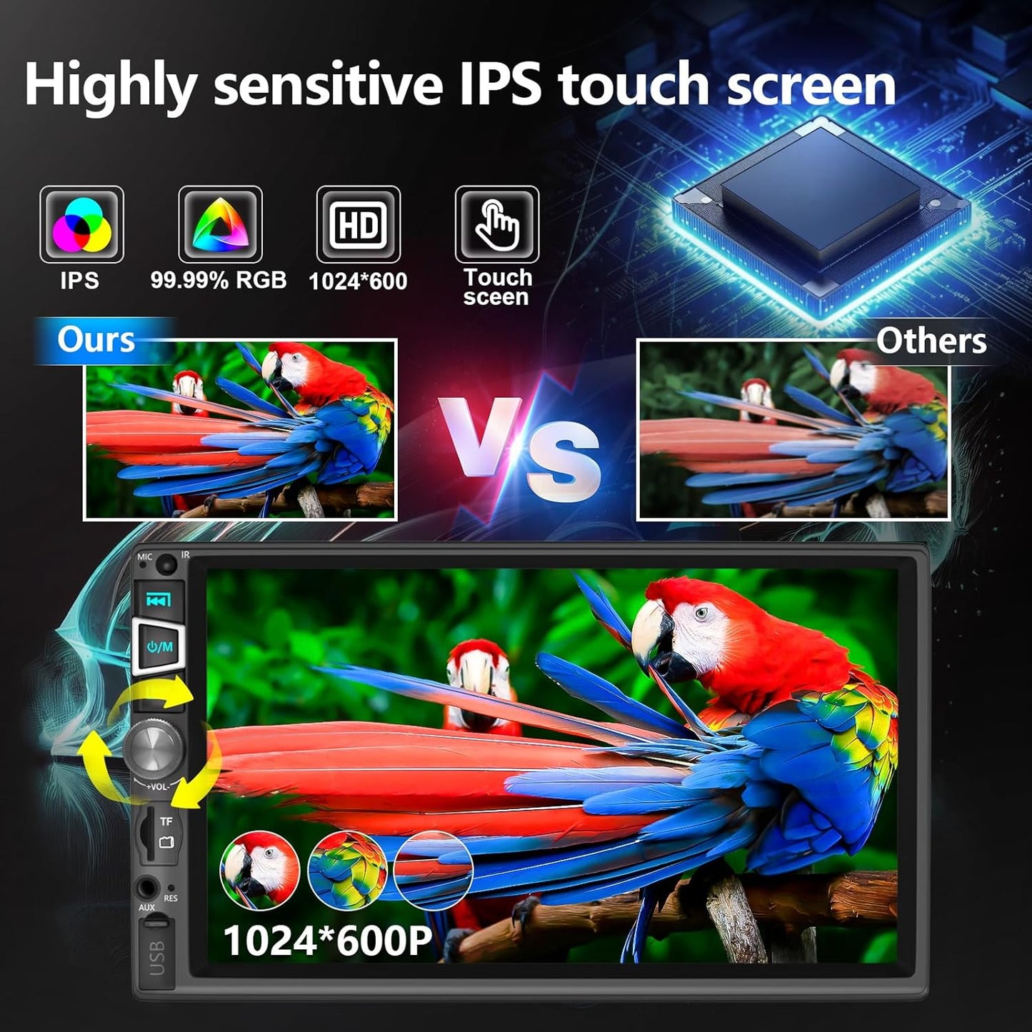 Double Din Car Stereo Compatible with Wireless Carplay&Android Auto&Mirror Link,7 Inch HD 1024 * 600 Touchscreen with Bluetooth 5.2,Backup Camera Input,Voice Control,USB/AUX/TF/SWC/MIC,AM/FM Radio