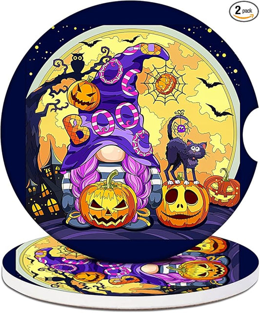 Car Cup Holder Coaster - Halloween Pumpkin Gnomes Absorbent Ceramic Coaster, Car Coasters for Cup Holders, Auto Accessories for Women & Men, Pack of 2