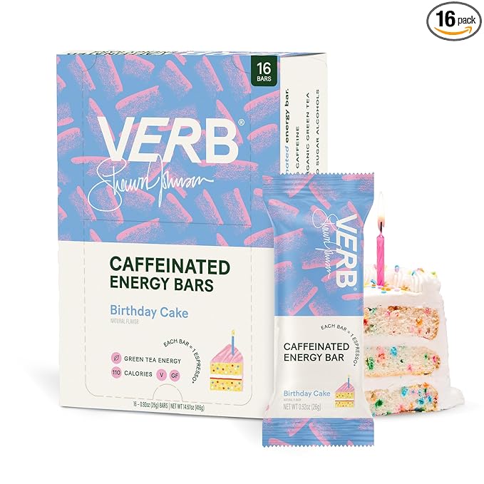 Verb Caffeinated Energy Bars Birthday Cake (26g, Pack of 16) 110-Calorie Delicious Low Sugar Energy Bar - Vegan Gluten Free On-the Go Snack with 80mg Green Tea Caffeine, Only Real-Food Ingredients