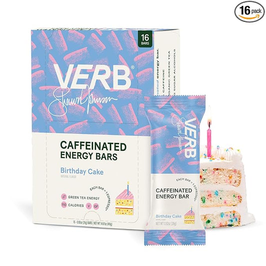 Verb Caffeinated Energy Bars Birthday Cake (26g, Pack of 16) 110-Calorie Delicious Low Sugar Energy Bar - Vegan Gluten Free On-the Go Snack with 80mg Green Tea Caffeine, Only Real-Food Ingredients