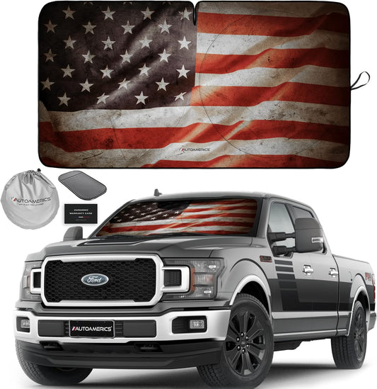 Autoamerics Truck Windshield Sun Shade with Storage Pouch & Anti-Slip Dash Pad - Foldable Grunge USA Flag-1 Design Cover - Fits Most SUVs & Trucks -Reflective 230T Material | X-Large (66 x 36 inches)