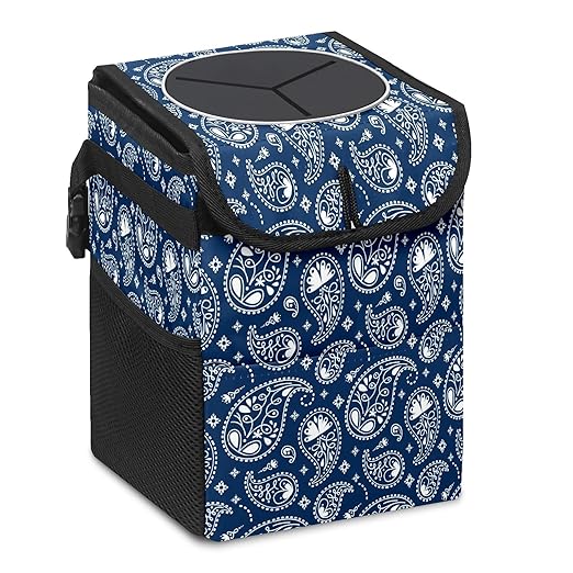 Car Trash Can Vintage Indian Paisley Navy Blue Auto Garbage Bag Car Trash Can with Lid Leak-Proof Car Storage Bag Garbage can Hanging for Headrest Collapsible and Portable with Storage Mesh Pocket