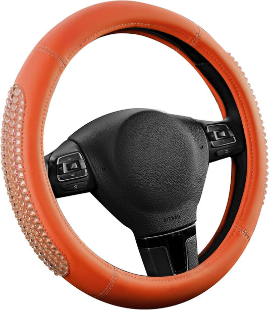 PIC AUTO Gel Particles Steering Wheel Cover, Orange Luxury Leather Car Steering Wheel Protector, Universal Fit 14.5"-15.5" Anti-Slip Car Interior Accessories for Girls & Women