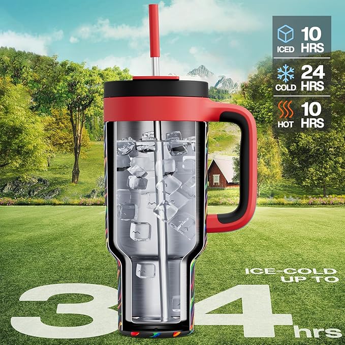 POWCAN 40 oz Tumbler with Handle, 2-in-1 Straw and Sip Lid, Leakproof, Dishwasher Safe, Insulated Stainless Steel Travel Coffee Mug, Keeps Cold for 34 Hours, Fits in Car Cup Holder (Rainbow Whiskers)