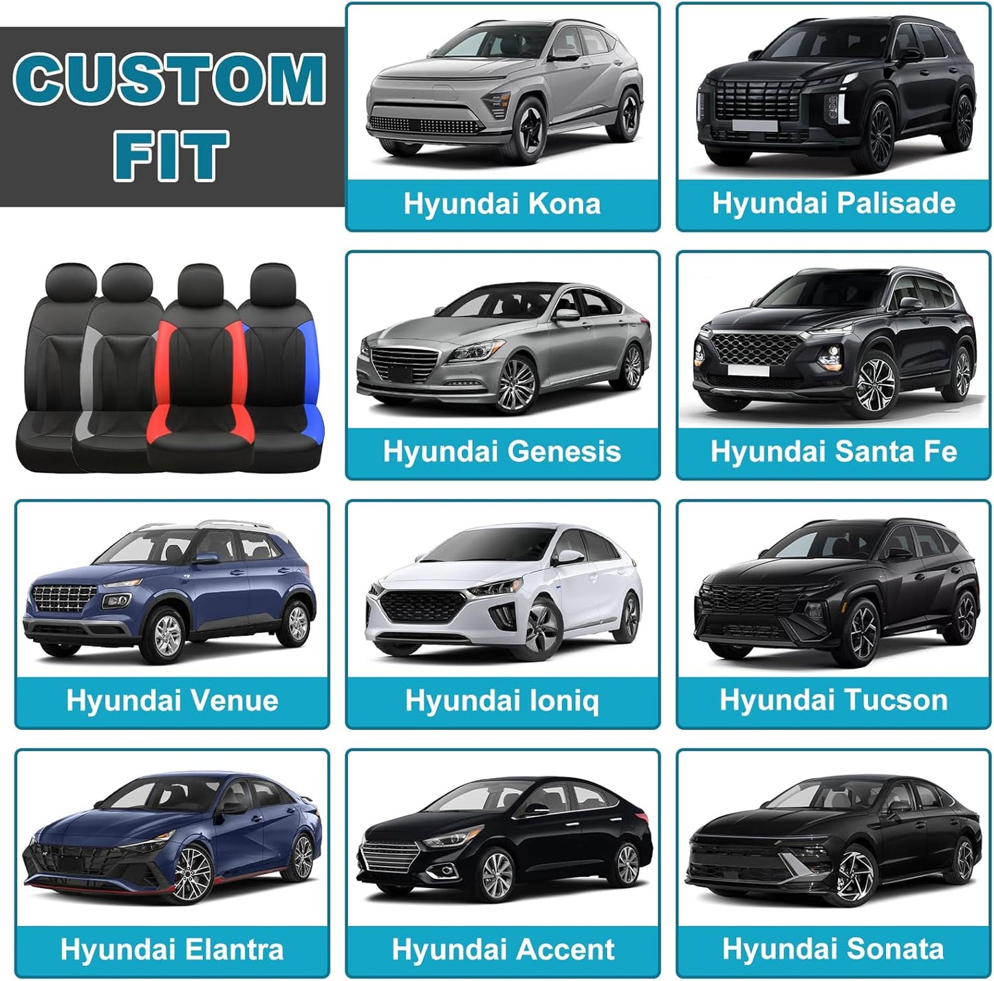 GIANT PANDA 2 Front Leather Car Seat Cover for Hyundai,3D Air Cool Mesh Thick Seat Covers Custom Fit Hyundai Sonata Elantra Santa Fe Tucson Accent Kona Palisade Genesis Venue Ioniq (Blue+Black)