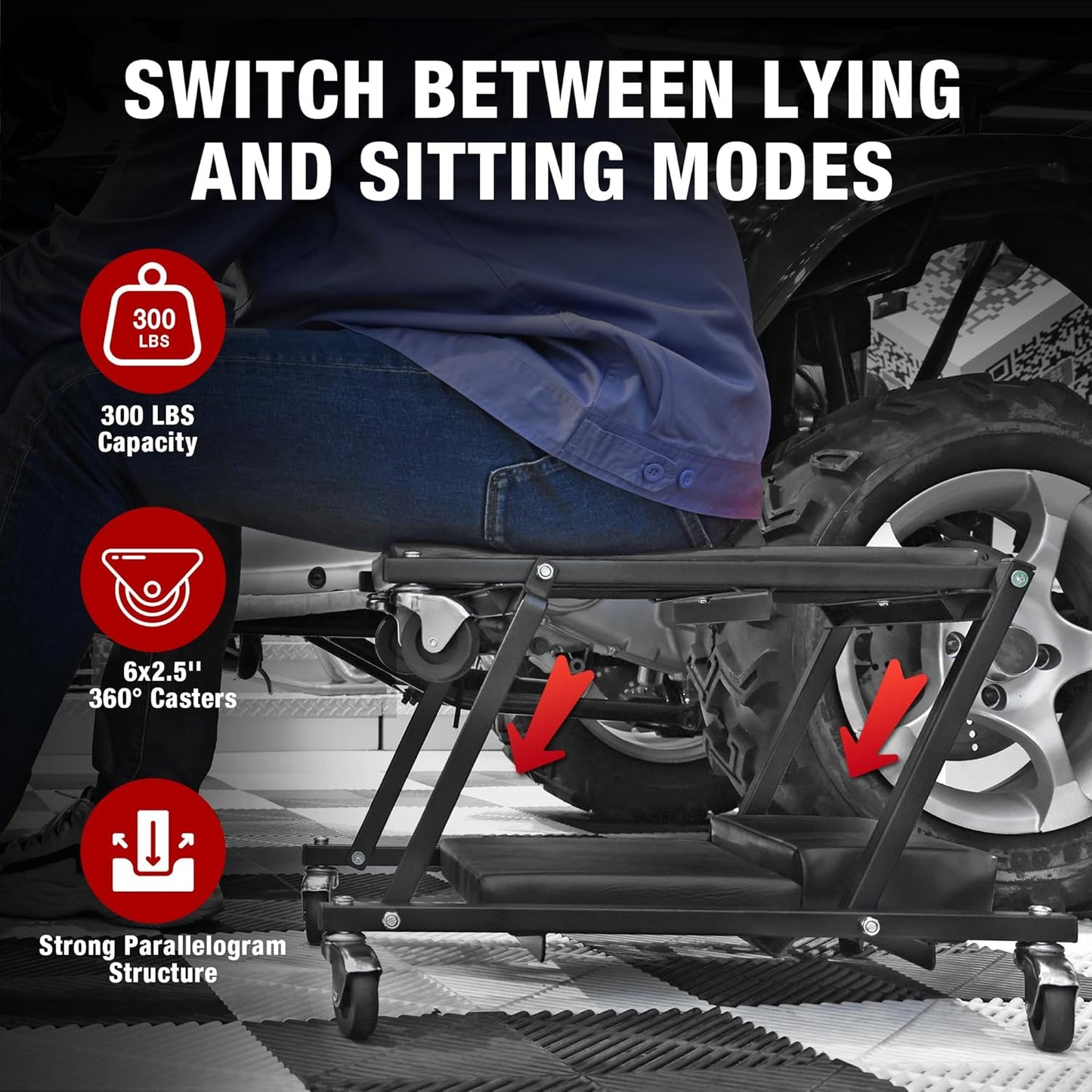 Torin 2-in-1 Foldable Garage Shop Creeper, 36" Black, 300 lbs Capacity, 6 Wheels, ATR6505B