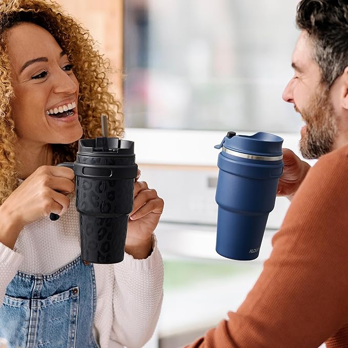 ALOUFEA 20 oz Insulated Coffee Mug Tumbler with Handle, Stainless Steel Travel Mug Tumbler with Lid and Straw,Double Wall Vacuum Leak Proof Ice Coffee Thermal Cup, Navy/Dark Rainbow