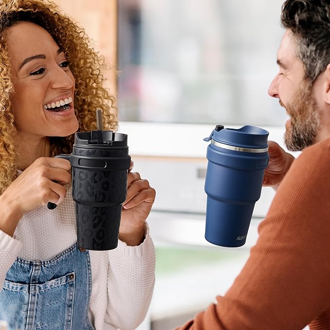 ALOUFEA 20 oz Insulated Coffee Mug Tumbler with Handle, Stainless Steel Travel Mug Tumbler with Lid and Straw,Double Wall Vacuum Leak Proof Ice Coffee Thermal Cup, Dark Rainbow/Indigo Black