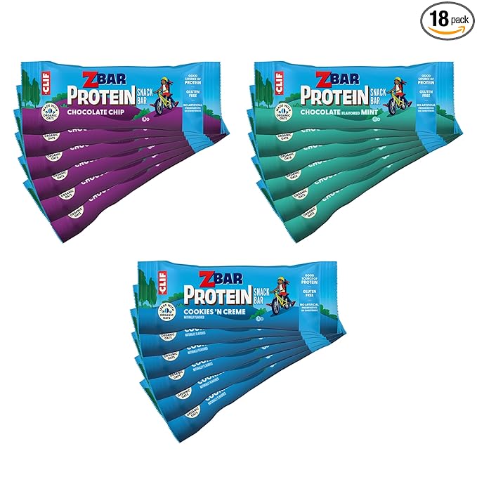 Zbar Protein - Chocolate Chip, Chocolate Mint, Cookies 'n Creme - Variety Pack - Crispy Snack Bars - Made with Organic Oats - Non-GMO - 5g Protein - Gluten Free Protein Bars, School Snacks (18 Pack)