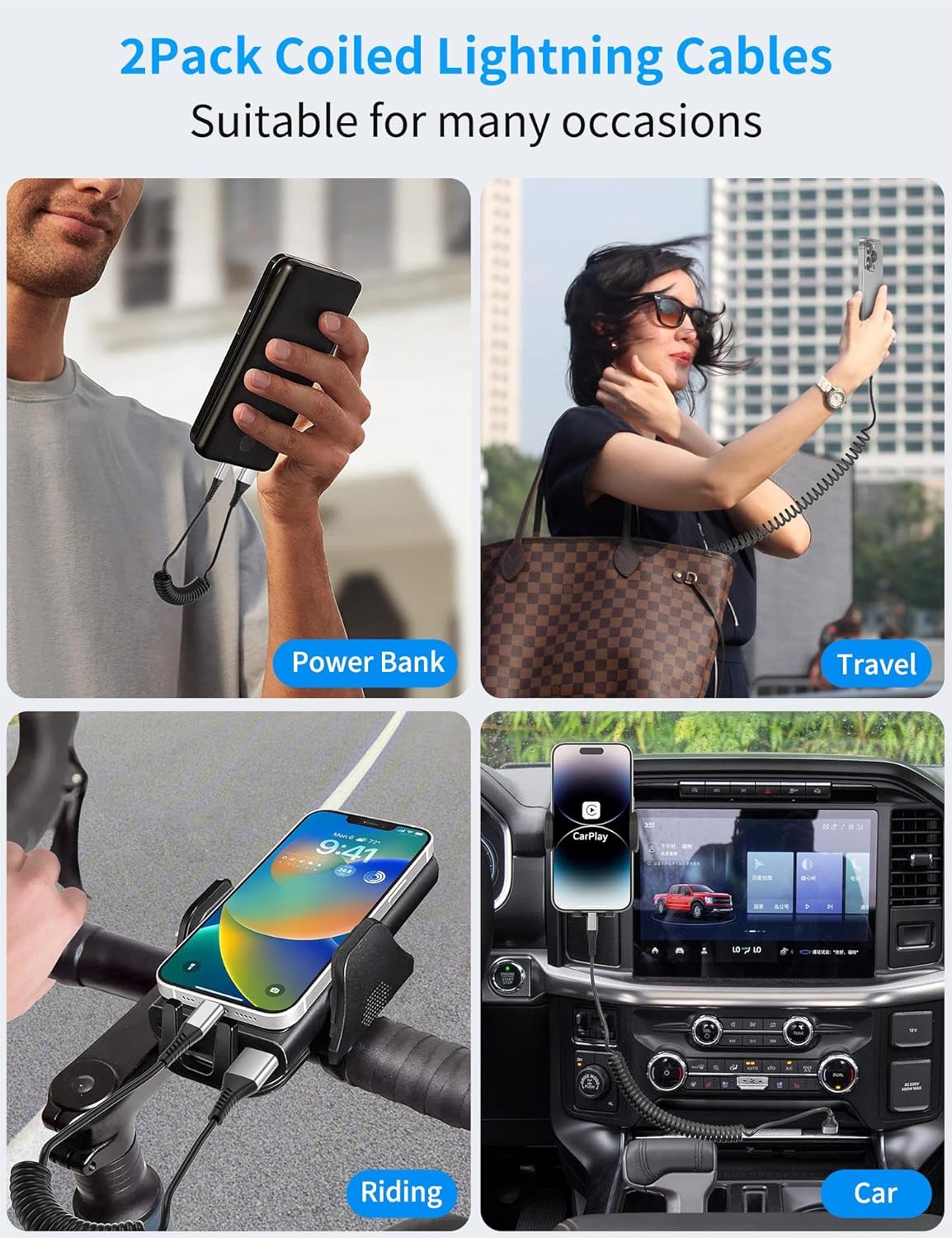 Coiled Lightning Cable for Car, 2Pack Retractable iPhone Charger Cable Fast Charging, [MFi Certified] Short Apple CarPlay USB to Lightning Cord for iPhone 14 13 12 11 Pro Max Mini XR XS 8 SE iPad