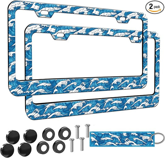 2pcs Blue Ocean Wave License Plate Frame for Women, Japanese Traditional Waves Print car Decorative tag Frames Girly Cute License Plate Cover Holder for Vehicle with Double Sided car Keychain tag