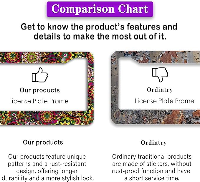 License Plate Frames Multicolor License Plate Frame Hippie Boho Floral Bright Color Folk Daisy Flower Universal Aluminum Car Accessory 2 Pack with Screw Covers Set