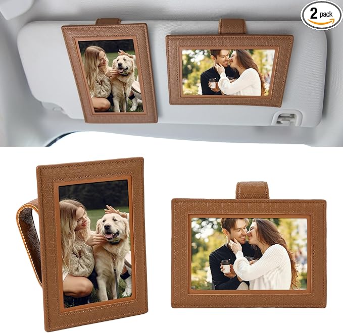 KINIVA 2 Pack Car Picture Holder - Magnetic Faux Leather Picture Frame for Safe Driving - Gift for Dad Mom Husband Wife Car Visor Accessories, Car Accessory (Fits 2.5"x3.5" Photos) (Coffee)
