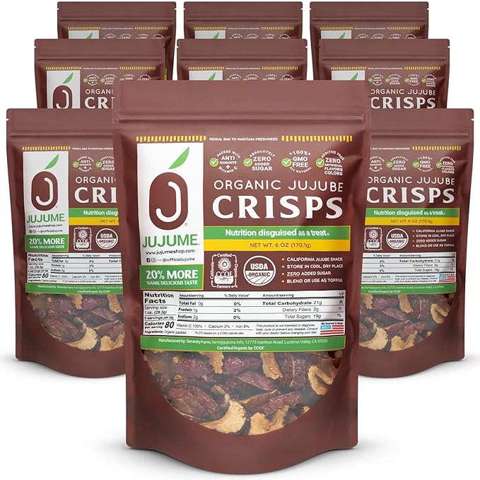 USDA Organic California Grown Pure Jujube Product | JUJUME Crisps | Sweet Jujube Chips | ZERO Added Sugar or Preservatives | All-Natural Healthy Snack | 10-pack *6* oz. bags