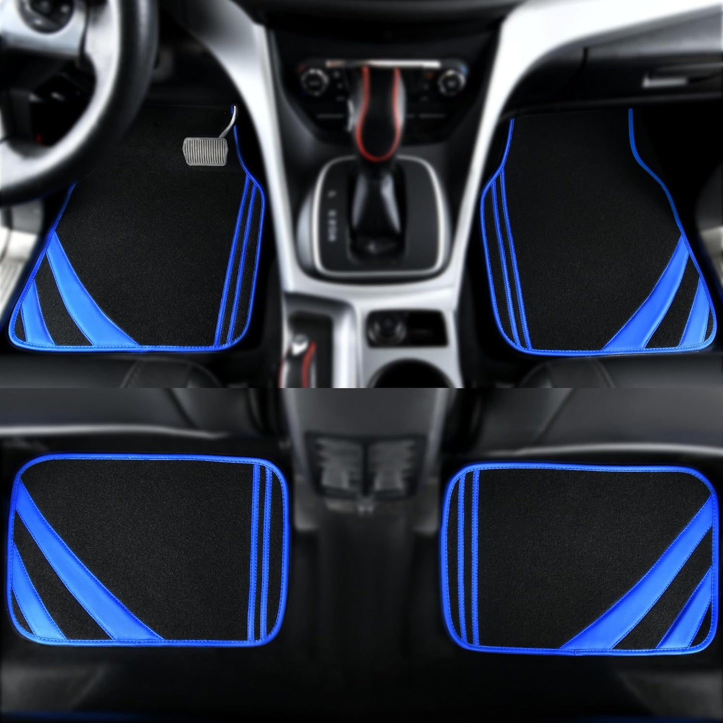 CAR PASS Faux Leather Car Mats Blue Edge Waterproof Car Floor Mats Car Carpet Mats 4 Pieces with Double Stitch Line Anti-Slip Backing Design, Universal Fit for Most Vehicles,SUVs,Sedan,Vans