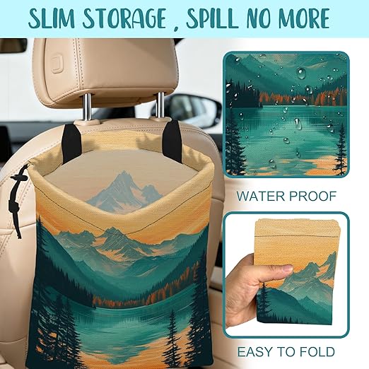 Car Garbage Bag Mountain and Forest at Sunset Hanging Canvas Car Trash Bag Waterproof Drawstring Car Back Seat Organizer for Car Back Front Seat Console with Adjustable Buckle