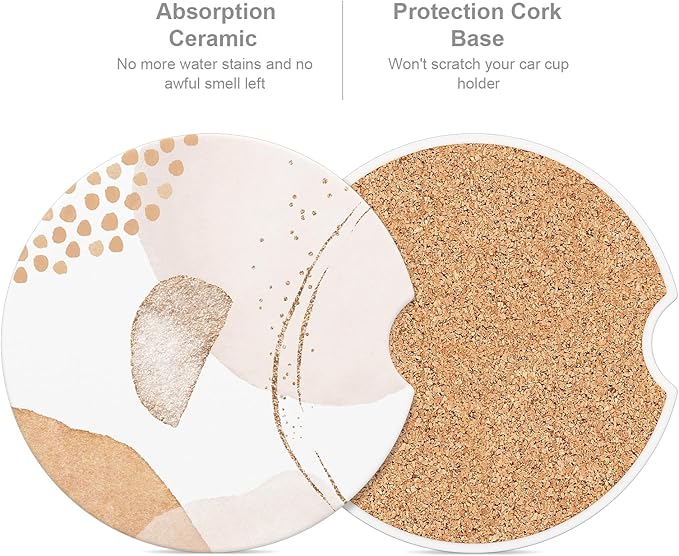 Car Cup Holder Coaster, Car Coasters for Cup Holders, 2 Pack Universal Anti Slip Insert Absorbent Ceramic Auto Interior Accessories with A Finger Notch & Cork Base, Modern Art