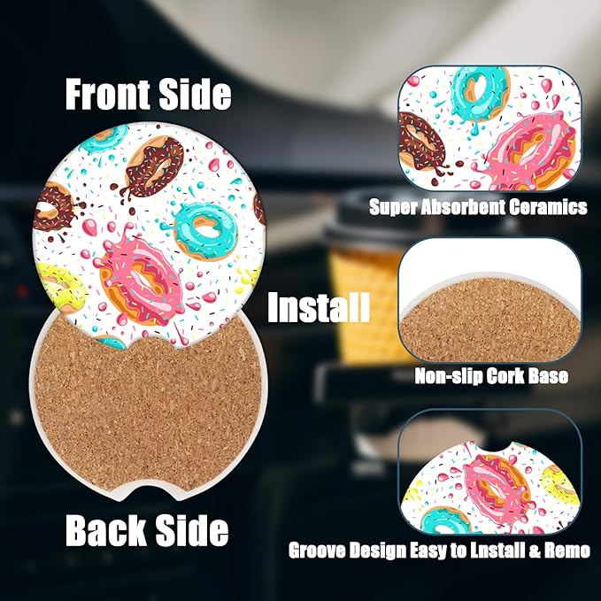 Car Cup Holder Coaster - Sweet Donuts Absorbent Ceramic Coaster 2 Pack, Car Coasters for Cup Holders, Fashion Car Interior Accessories Drink Coaster for Women & Men