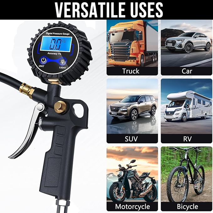 Digital Tire Pressure Gauge with Inflator, 3-250 PSI Air Compressor Accessories with Air Chuck Quick Connect Coupler, Car Attachments with Rubber Hose for Car, Truck, SUV, Cycle, RV