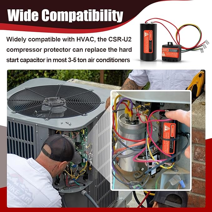 CSR-U2 Hard Start Kit for Air Conditioner 3-5 Ton, HVAC Compressor Saver Replacement with 5-2-1 Technology Pre-Wired AC Capacitor