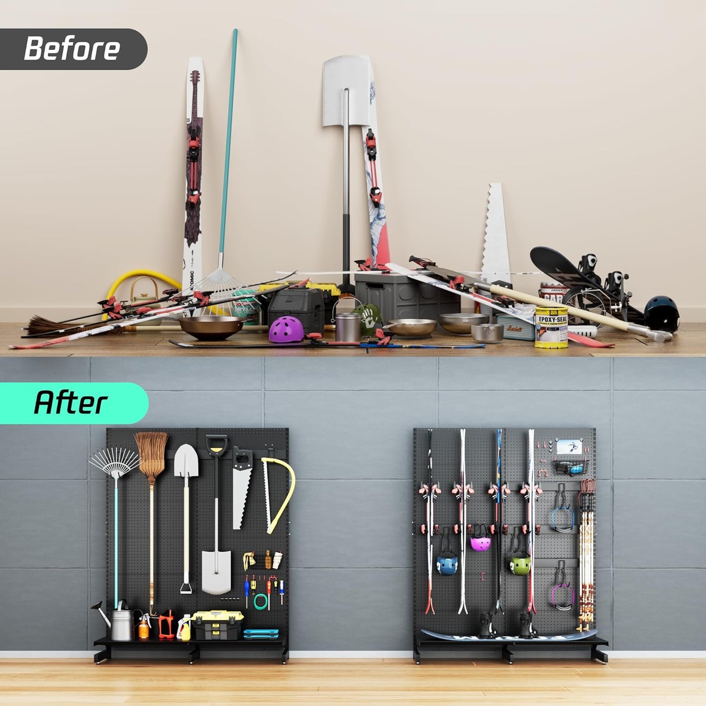 JWX Garage Pegboard Tool Organizer Free Standing, Organizer Storage Rack with 21 Pegboard Storage Set Max 300 lbs Super Heavy Duty Garden Tool Hanger Rack for Ski Gears, Broom, Shovel Yard Tools