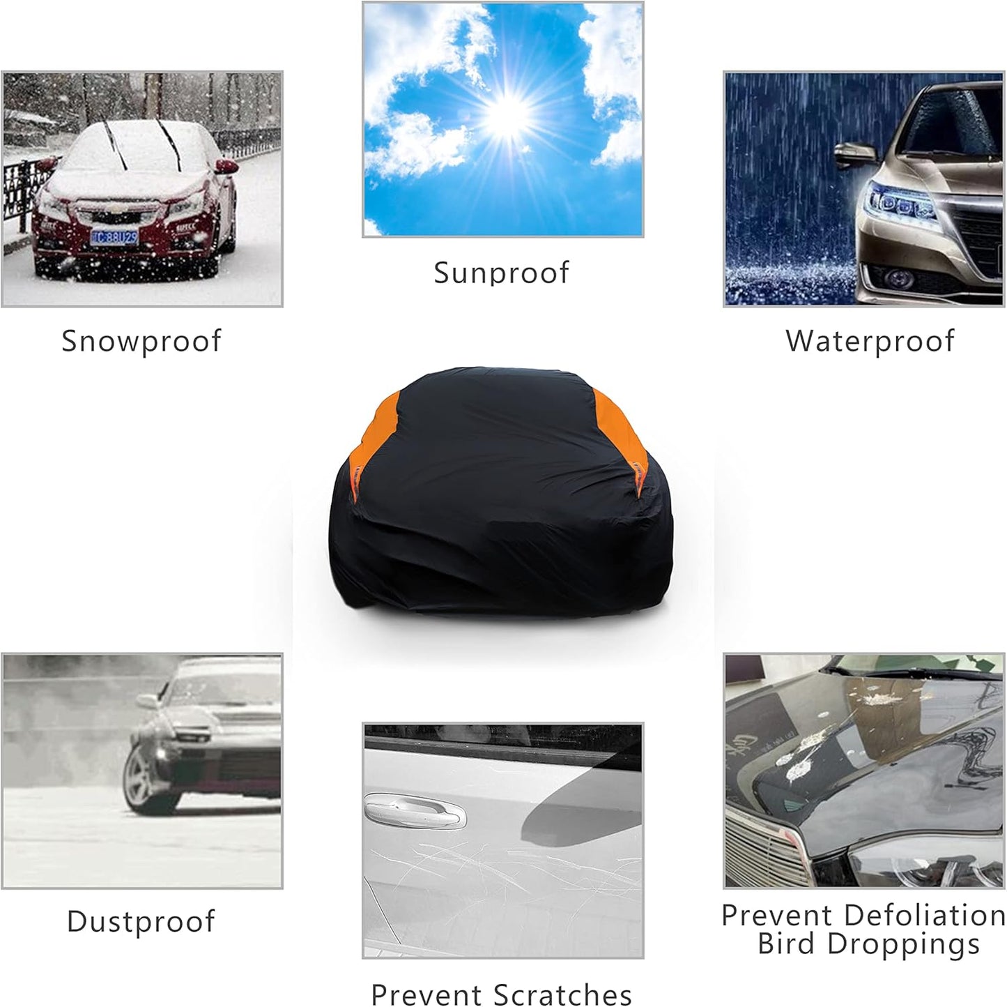 MORNYRAY Waterproof Car Cover All Weather Snowproof UV Protection Windproof Outdoor Full car Cover, Universal Fit for Sedan (Orange, Fit Hatchback Length(Up to 173 inch)