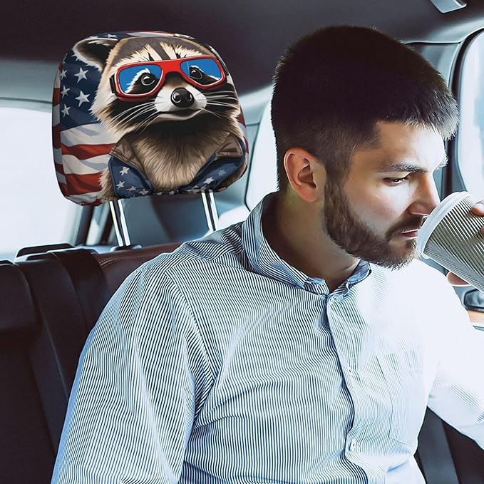 Dujiea 2 Pack Raccoon American Flag Car Headrest Covers, Universal Soft Car Seat Head Rest Cover Protector, Vehicle Accessories Fabric Headrest Cover for Cars Vans Trucks