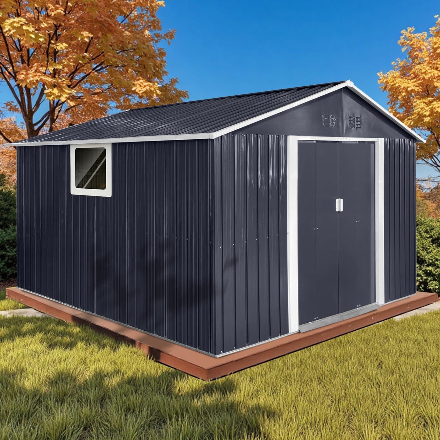 11.2' x 10.6' XL Outdoor Storage Shed, Sturdy Metal Building w/Windows & Lockable Doors for Garden, Backyard, Poolside and Lawn, Anthracite