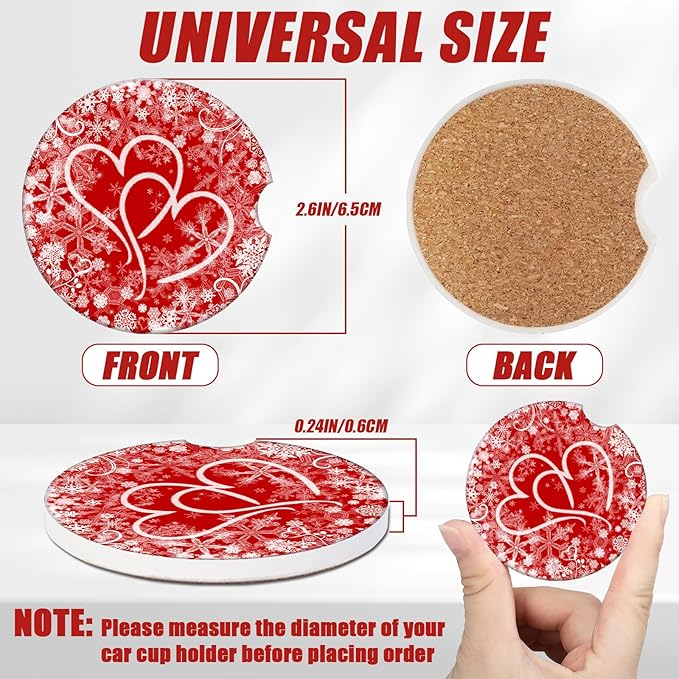 Valentines Love Heart Car Coasters for Cup Holders, Absorbent Ceramic Car Coaster Car Cup Holder Coaster Car Accessories for Women Men (2 Pack)