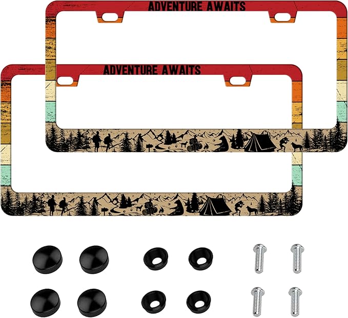 2PCS Adventure Awaits License Plate Frames Colorful Camping License Plate Cover for Personalized Car Decoration