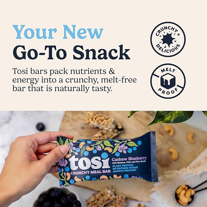 Tosi Cashew Blueberry Protein Bars, Plant Based with Nuts, Gluten-Free Crunchy Snacks, Vegan, Organic, Flax & Chia Seeds, Soy-Free, Omega 3s, 12G Protein, 2.4 oz, 12-Pack