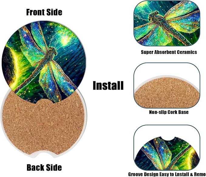 Car Cup Holder Coaster -Dragonfly Absorbent Ceramic Coaster, Car Coasters for Cup Holders, Auto Accessories for Women & Men, Pack of 2
