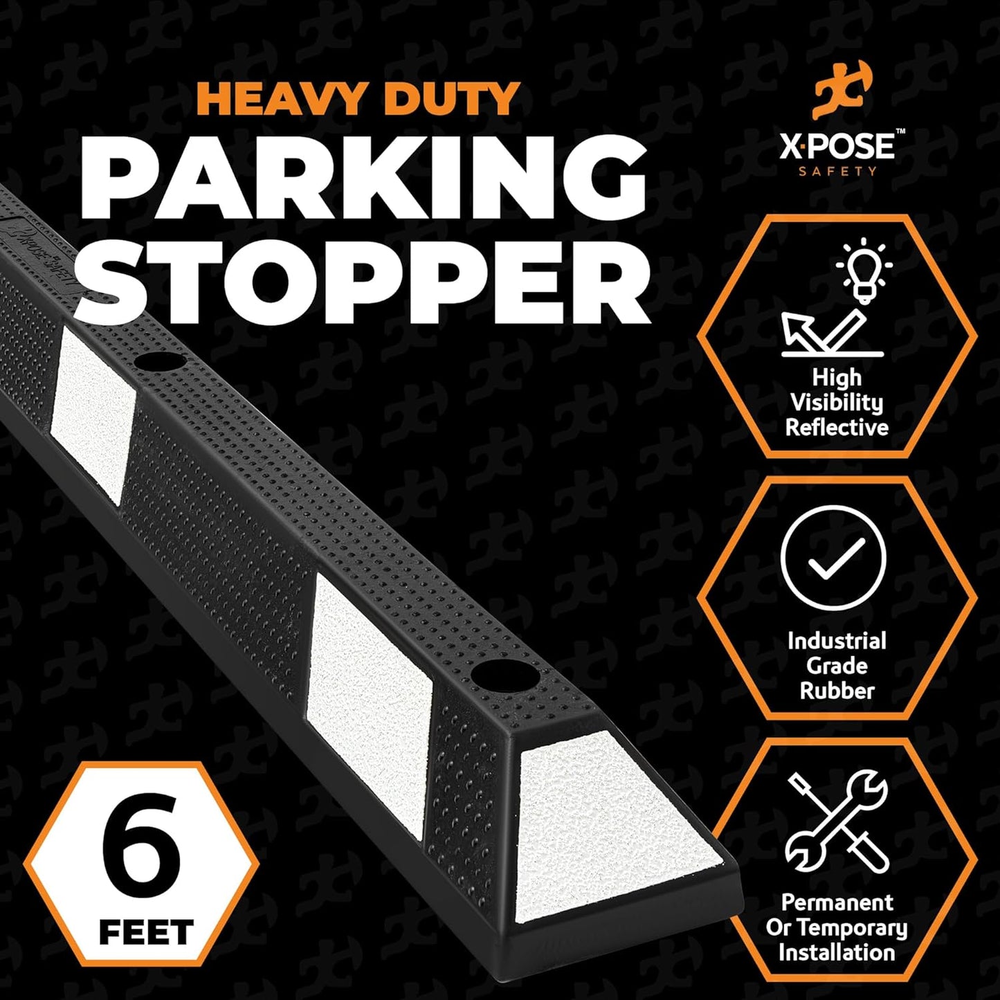 Xpose Safety 72" Heavy Duty Rubber Parking Stopper – 10 Pack Wheel Blocks for Garage, Driveway, or Ramp – Car Bumper Stop with White Reflective Strips – Removable Floor Mount