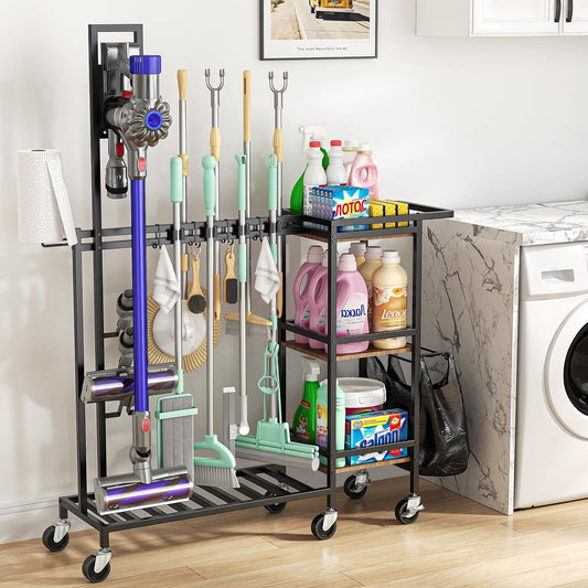 Cleaning Utility Cart on Wheels, Multifunctional Cleaning Tools Supplies Organizer with Broom and Mop Holder, Vacuum Stand Compatible with Dyson, Rolling Storage Caddy Cart for Home