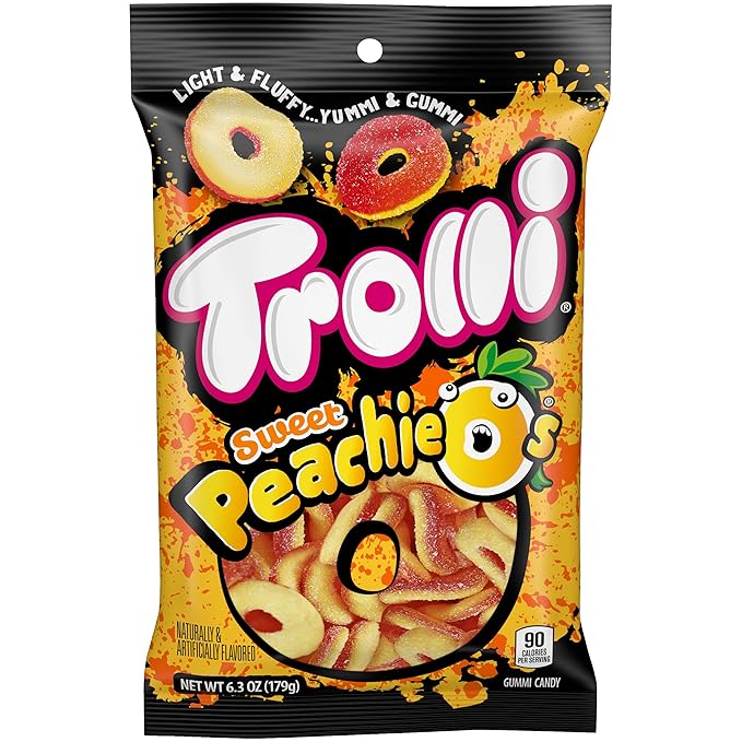 Trolli Peachie O's Rings, Sour Gummy Candy, 6.3 Ounce Bags (Pack of 8)