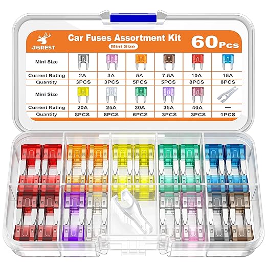 JOREST 60Pcs Car Fuse Kit - Replacement Fuses Assortment Kit for Car/RV/Truck/Motorcycle(2Amp 3A 5A 7.5A 10A 15A 20A 25A 30A 35A 40A) - Mini Blade Fuses Automotive + Auto Fuse Puller