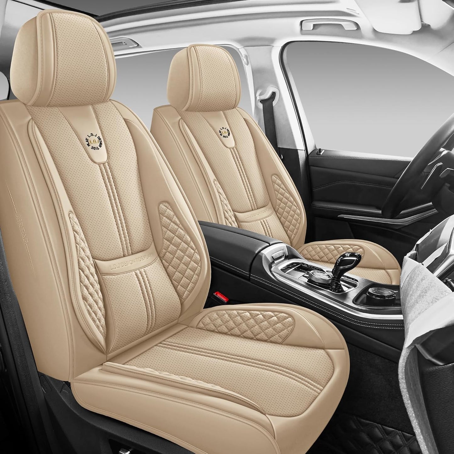 Car Seat Covers Front Only, Black Seat Cover for Cars Compatible Airbag, Easy Install Luxury Leather Automotive Seat Covers with Lumbar Support, for Car, Truck, SUV, Beige