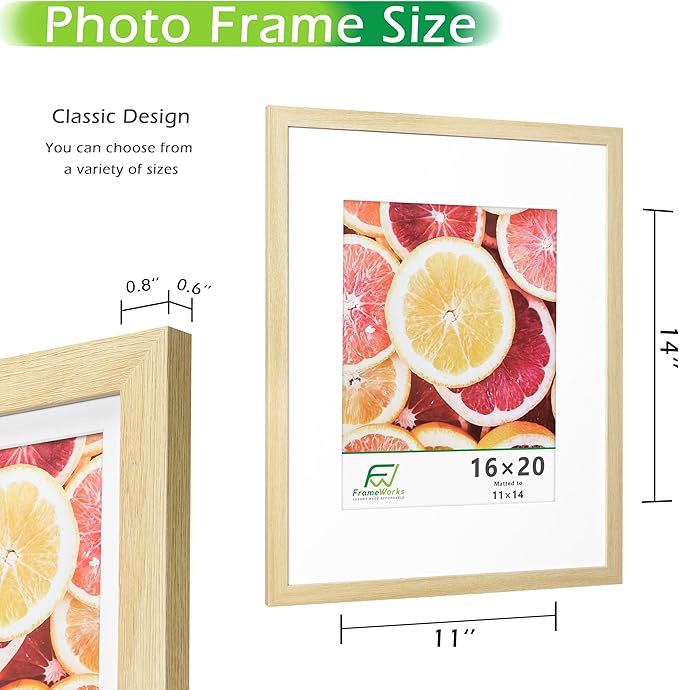 FrameWorks 2-Pack, 16x20 Matted to 11x14 Picture Frame, Natural Oak ??Classic Wooden Photo Frame with Tempered Glass, Modern Matte Finish for Prints, Posters, Certificates & Wall Decor ??Gallery-Ready