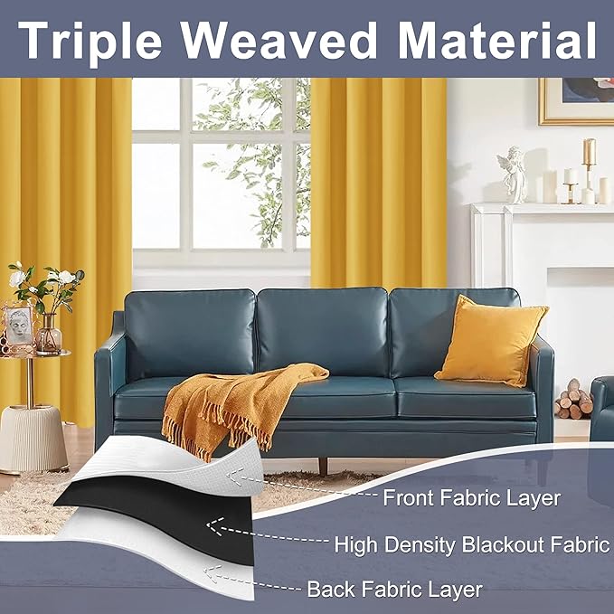 JIUZHEN Blackout Curtains for Bedroom - Thermal Insulated Room Darkening Rod Pocket Curtains for Living Room, Set of 2 Panels with Tiebacks, 42 x 96 Inch Length, Mustard Yellow