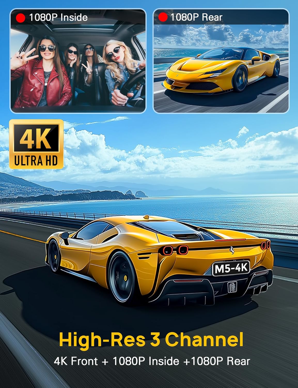 3 Channel 4K Dash Cam Front and Rear Inside, Built-in 5G WiFi, 4K+1080P+1080P Dash Camera for Cars with 64GB Card, Dashcam with Loop Recording, G-Sensor, 24H Parking Monitor, Silver