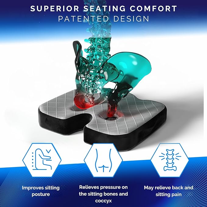 Healthfix® Memory Foam Seat Cushion for Office Chair & Car – Orthopedic Coccyx Pillow for Tailbone & Sciatica Pain Relief – Premium Comfort Chair Pad with Washable Cover and Non-Slip Bottom (Soft)