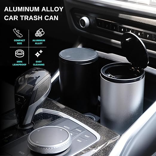 Car Trash Can With Lid - Leakproof Mini Garbage Can, Aluminum Alloy Bin, Accessories (Black)