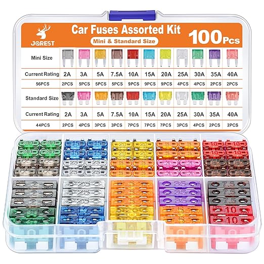 JOREST 100Pcs Car Fuse Assortment Kit, 56 Mini Blade Fuses Automotive + 44 Standard Auto Fuses + 1 Fuse Puller – for Car/RV/Truck/Motorcycle/Boat (2Amp 3A 5A 7.5A 10A 15A 20A 25A 30A 35A 40A)