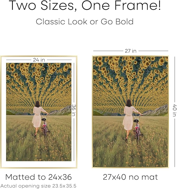 Homeforia 27x40 Picture Frame Gold, High End Metal 27 x 40 Large Poster Frames with Mat 24 by 36 inch Photo, 27x40 Gold Frame Matted to 24x36 for Print, 40x27 Frame, Tempered Glass, Wall Kit, Set of 2