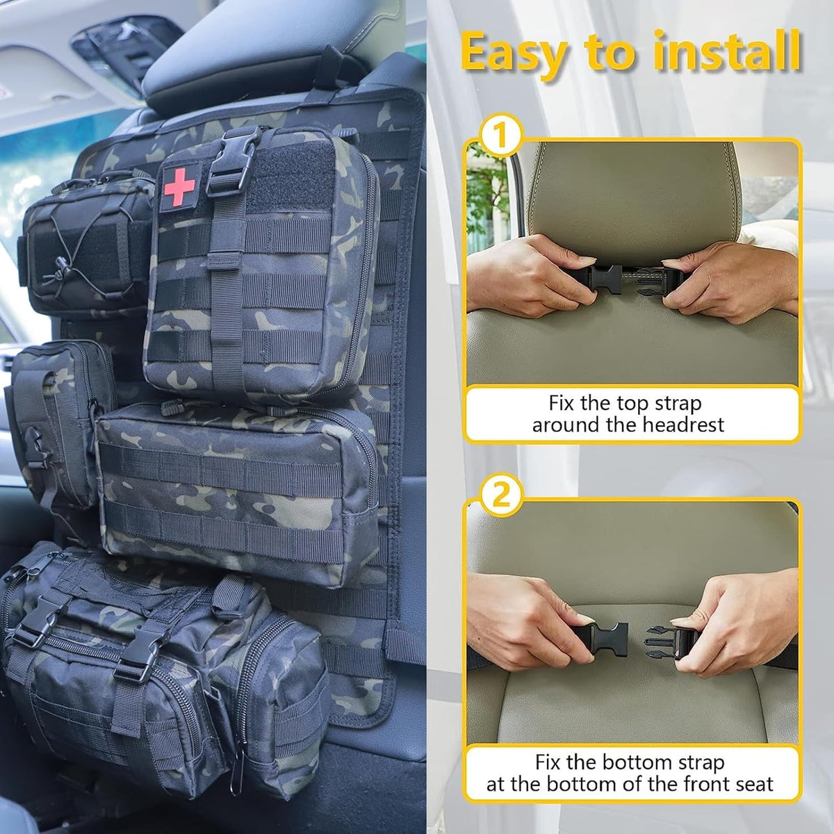 Universal Tactical Seat Back Organizer Vehicle Molle Panel Organizer Storage Bag with 5 Detachable Molle Pouch for All Vehicel Such as Jeep,Truck,SUV, Car, Ford,Chevy etc