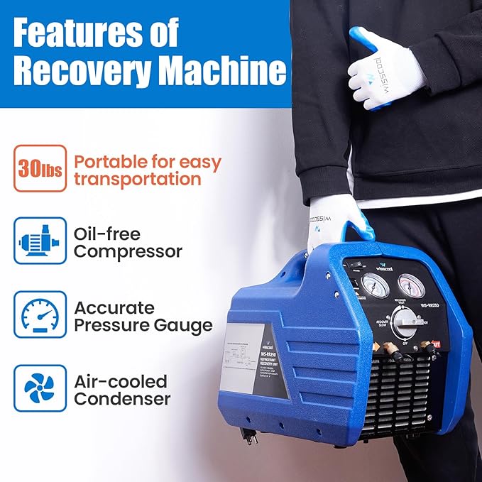 3/4 HP Refrigerant Recovery Machine, 60Hz Portable Freon Recycling Unit HVAC Oil-Less Self-Cleaning Recovery Machines for Vapor Liquid Refrigerant Household Car Air Conditioning