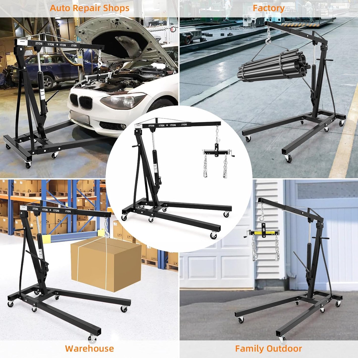 2 Ton Folding Engine Hoist with Lever, Cherry Picker Shop Crane Hoist Lift, 4400 Lbs Heavy Duty Steel Hydraulic Shop Engine Crane for Workshop and Garage, Black